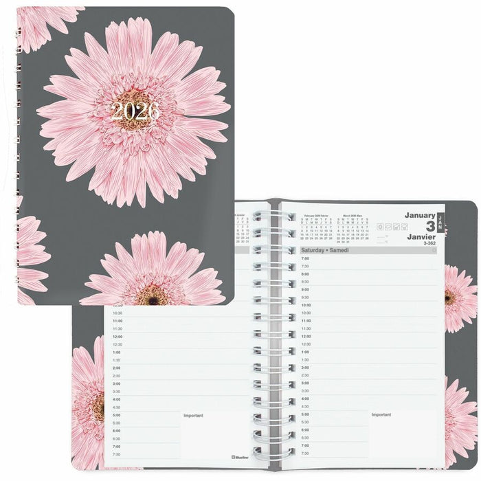 Blueline 2026 Pink Ribbon 12-Month Daily Planner - January to December - 8" x 5" - Pink Daisy - Bilingual - Daily - 12 Month - January 2026 to December 2026 - 7:00 AM to 7:30 PM