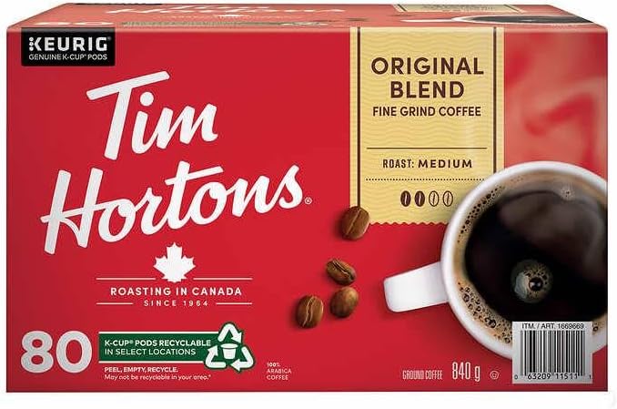 Tim Hortons Original Blend Light Medium Roast Coffee - 80 Single Serve K-Cup Pods for Keurig
