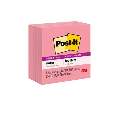 Notes-Post-It, Super Sticky 3X3 Neon Pink 5/Pack
