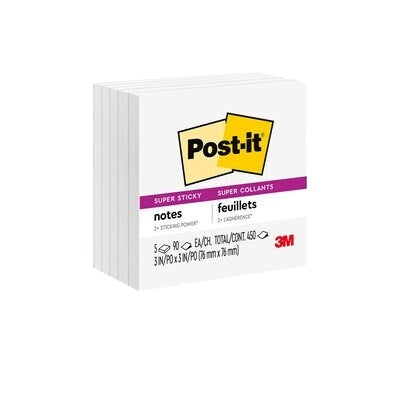 Notes-Post-It, Super Sticky 3X3 White 5/Pack
