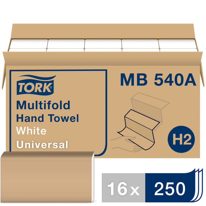 Tork Universal MB540A Multifold Paper Hand Towel, 1-Ply, 9.5" Width x 9.13" Length, White, (Case of 16 Packs, 250 per Pack, 4,000 Towels)