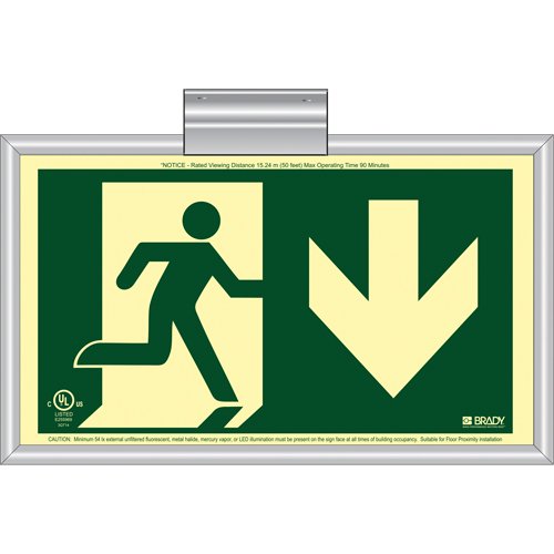 SDN137-BradyGlo® Running Man Exit Sign with Down Arrow