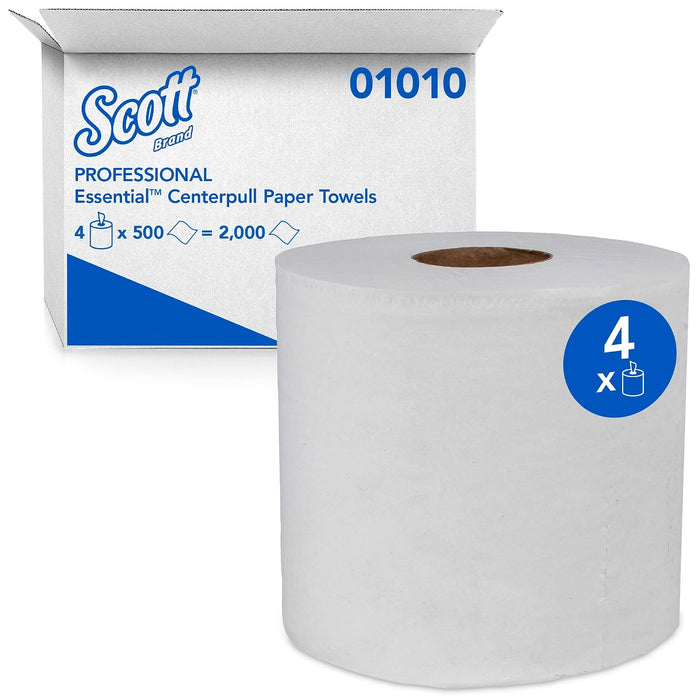 Scott Professional Essential Center-Pull Roll Paper Towels, Bulk (01010), White, Perforated (4 Rolls of 500 Sheets, 2,000 Sheet Total)