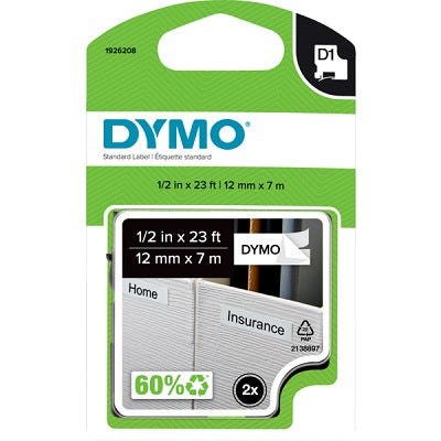 Tape-Dymo D1, 1/2" X 23' Black On White 2/Pk
