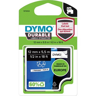 Tape-Dymo D1, 1/2" X 18' Black On White