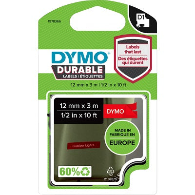 Tape-Dymo D1, 1/2" X 10' White On Red