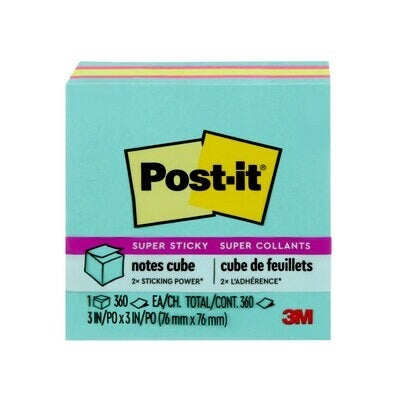 Notes-Post-It Cube, 3X3 Super Sticky, Aqua, Fuchsia, Green