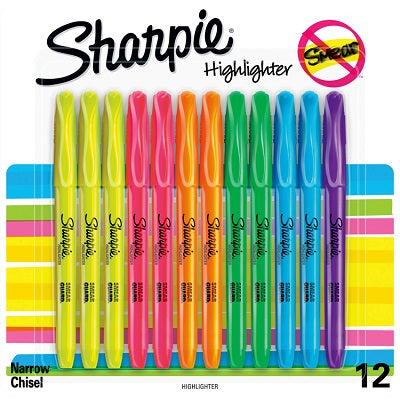 Highlighter-Sharpie Pocket, Assorted 12/Pk