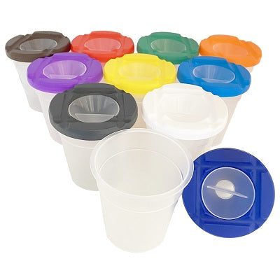 Paint Cup-No Spill, 250Ml Assorted Colours With Lids 10/Pk