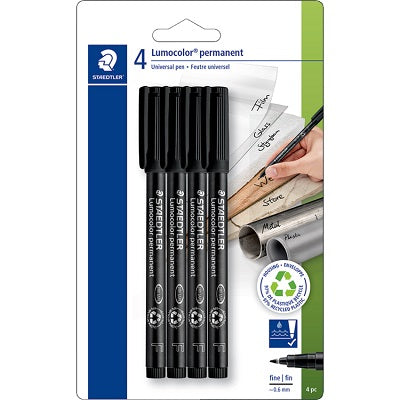Marker-Lumocolor, Universal Permanent, Fine Black 4/Pk
