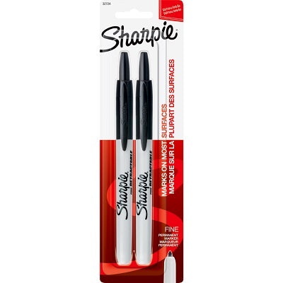 Marker-Permanent, Sharpie Retractable, Fine Black 2/Pk