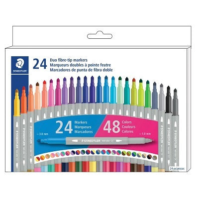 Marker-Duo Fibre-Tip, Twin Colour 24 Markers, 48 Colours