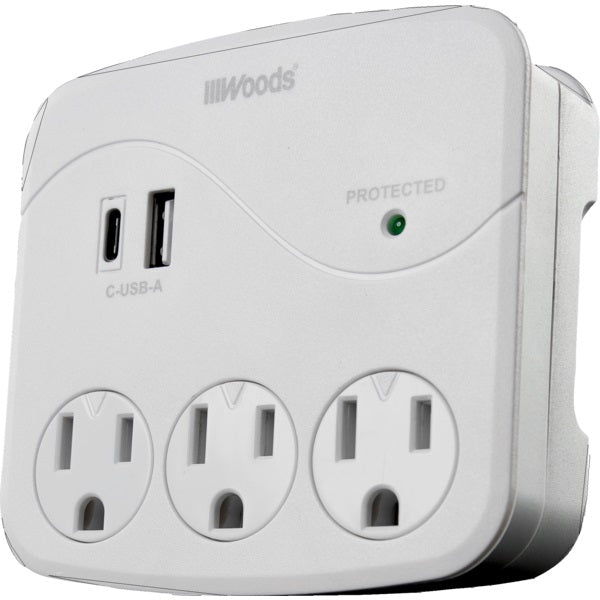 Wall Tap-3 Outlet  With Usb A & C, White