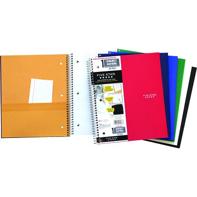 Notebook-Coil, Five Star 1 Subject Quad 200 Page 11X8.5 Asst