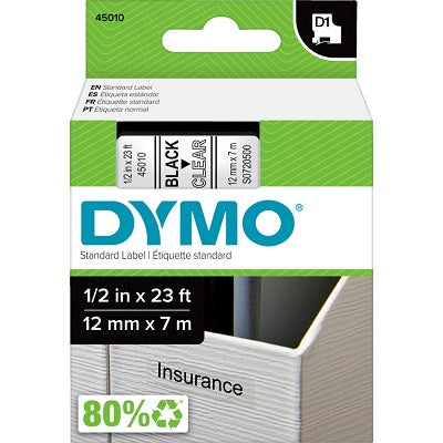Tape-Dymo D1, 1/2" X  23' Black On Clear