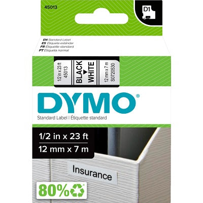 Tape-Dymo D1, 1/2" X 23' Black On White