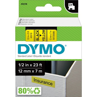 Tape-Dymo D1, 1/2" X 23' Black On Yellow