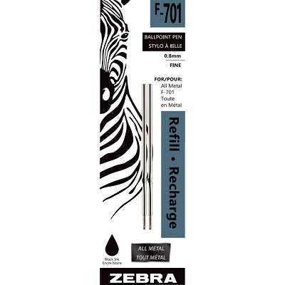 Pen Refill-Zebra F-701 Ballpoint, All Metal Fine Black 2/Pk