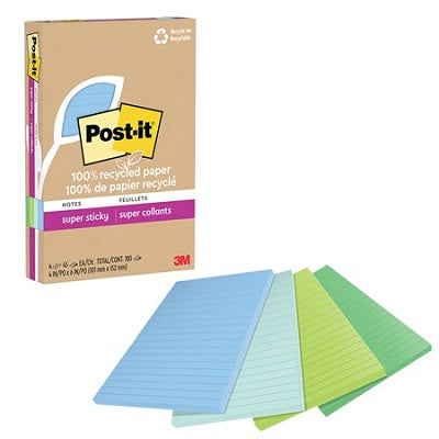 Notes-Post-It, Recycled Super Sticky 4X6 Oasis Lined 4/Pk