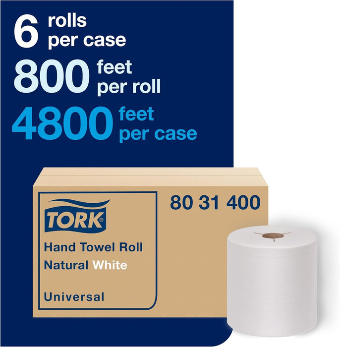Tork 8031400 Universal Paper Hand Towel Roll, Y-Notch, 1-Ply, 8.0" Width x 800' Length, White (Case of 6 Rolls, 800 Feet per Roll, 4,800 Feet per Case)