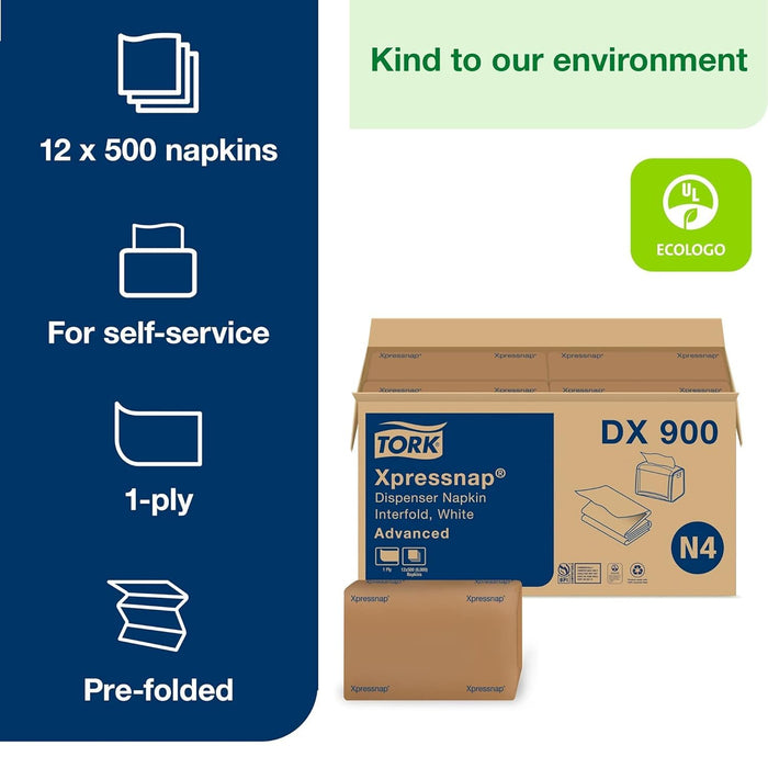 Tork Dx900 Xpressnap Interfold Dispenser Napkins, 1-ply, Bag-pack, 13x8 1/2, White (case Of 6, 000),