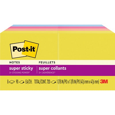 Notes-Post-It, Super Sticky, 1-7/8X1-7/8 Summer Joy 8/Pack