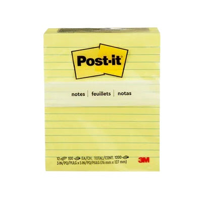 Notes-Post-It, Lined 3X5 Yellow 100 Sheets 12/Pack