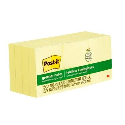Notes-Post-It, Recycled 1-3/8 X 1-7/8" Yellow 12/Pack