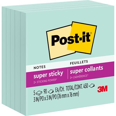 Notes-Post-It, Super Sticky 3X3 Fresh Mint 5/Pack