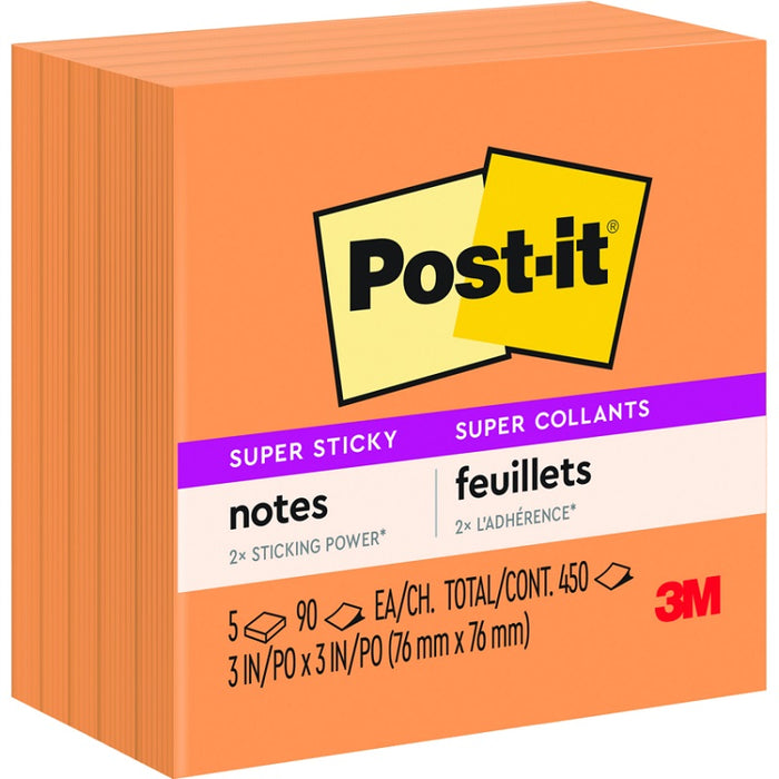 Notes-Post-It, Super Sticky 3X3 Neon Orange 5/Pack