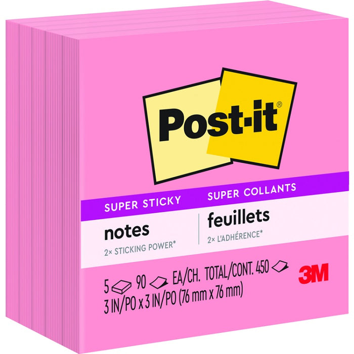Notes-Post-It, Super Sticky 3X3 Neon Pink 5/Pack