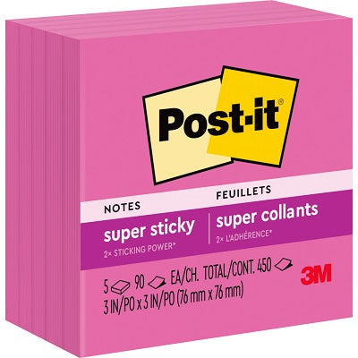 Notes-Post-It, Super Sticky 3X3 Power Pink 5/Pack