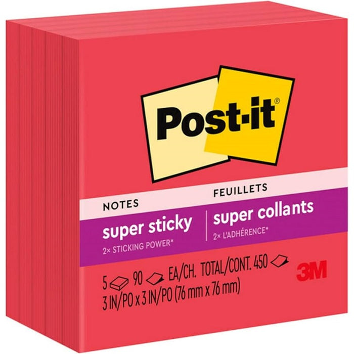 Notes-Post-It, Super Sticky 3X3 Candy Red 5/Pack