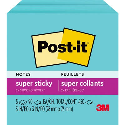 Notes-Post-It, Super Sticky 3X3 Aqua 5/Pack