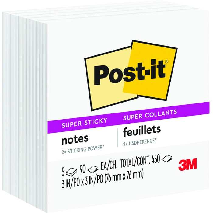 Notes-Post-It, Super Sticky 3X3 White 5/Pack