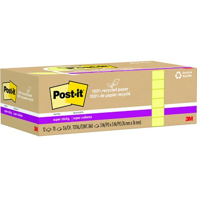 Notes-Post-It, Recycled Super Sticky 3X3 Yellow 12/Pack