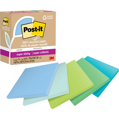 Notes-Post-It, Recycled Super Sticky 3X3, Oasis 5/Pack