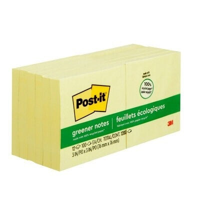 Notes-Post-It, Recycled 3X3 Yellow 12/Pk