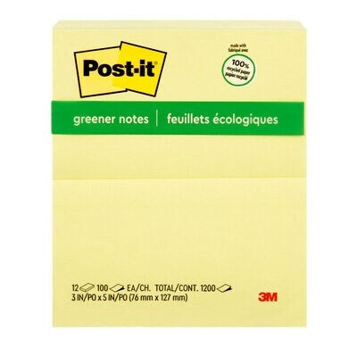 Notes-Post-It, Recycled 3X5 Yellow 12/Pk