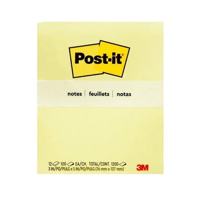 Notes-Post-It, 3X5 Plain Yellow, 12/Pack