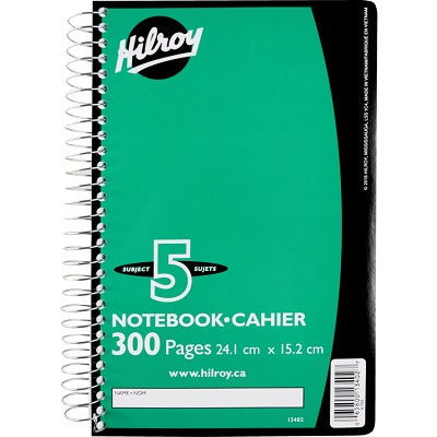 Notebook-Coil, 5-Subject 300 Pages, 9-1/2" X 6", Green