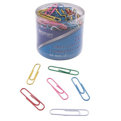 Paper Clips-Vinyl 50Mm 200/Tub Assorted Colours