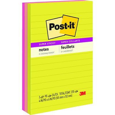 Notes-Post-It, Super Sticky 4X6 Summer Joy 3/Pack