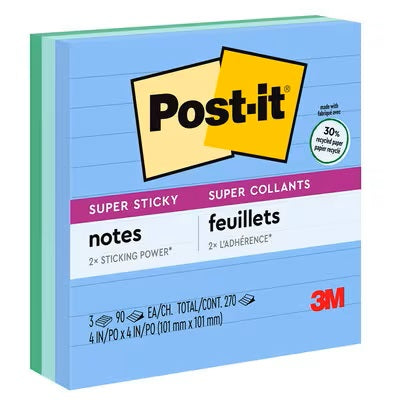 Notes-Post-It, Super Sticky 4X4 Lined Oasis Recycled