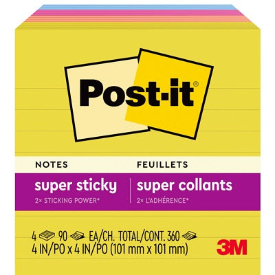 Notes-Post-It, Super Sticky 4X4 Lined Summer Joy 4/Pack