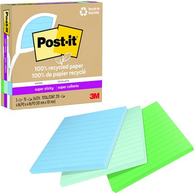Notes-Post-It, Recycled Super Sticky 4X4, Oasis Lined 3/Pk