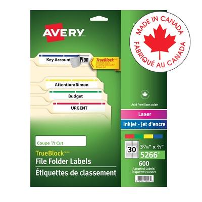 Labels-File Folder Permanent 3-7/16X2/3 Assorted 600/Pk