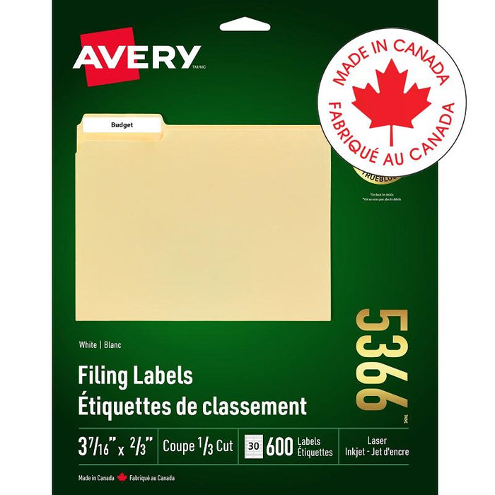 Labels-File Folder Permanent 3-7/16X2/3 White 600/Pk