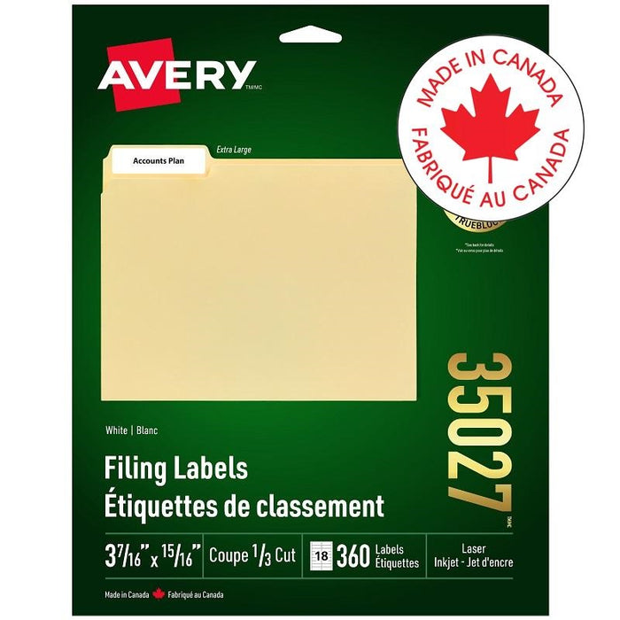 Labels-File Folder Permanent 3-7/16X15/16 White 360/Pk