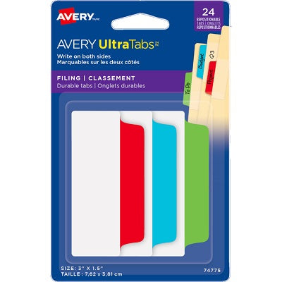 Index Tabs-Avery Filing Ultratabs Primary Colours 24/Pk